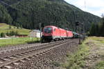 Der mit Neuwagen beladene GAG49480 von Jesenice nach Summerau war am 4.10.2019 bespannt mit 1016 002 und 1216 142 und hat gleich den Scheitelpunkt der im Tauerntunnel liegt erreicht.