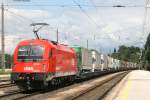 Nachschuss: 1144 220-9 und 1216 018-0(Zugschluss) mit einer RoLa gen Wrgl bei der Druchfahrt Brixlegg am 23.5.08