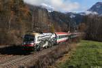 1216 020 mit EC 80 am 16.11.2013 bei Campo di Trens an der Brennersdrampe.