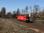 Die 1216 148 am 23.02.2014 unterwegs bei Kimpling.