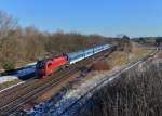 1216 230 mit einer Railjet-Ersatzgarnitur als RJ 71 am 06.01.2015 bei Strasshof.