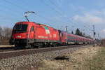 Die letzte verbleibende  Lok mit Italien Fahne  ist die 1216.015  am 3.3.2026 bei Eglharting vor einem Railjet.