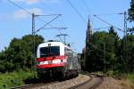 BB 1216 020 werbend fr 175 Jahre Eisenbahn in sterreich zieht den EC 88 von Verona Porta Nuova nach Mnchen Hbf. Hier kurz vor der berquerung der Isar Brcke am 23.07.12 in Mnchen.