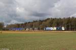 1216 953 und 185 663 mit einem Güterzug am 22.02.2014 bei Eglharting.