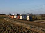 Die 1216 951 mit einem Containerzug am 15.03.2015 unterwegs bei Haiding.