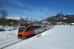 4024 031 der BB war am 6.2.2019 als R3414 auf dem Weg von Attnang-Puchheim nach Obertraun Dachsteinhhlen. Zwischen Bad Goisern und Steeg-Gosau fuhr er hier durch das winterliche Salzkammergut.