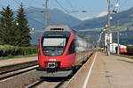 Nachschuss am 02.07.2018 auf ÖBB 4024 073-1 bei der Ausfahrt als S-Bahn nach Kuufstein zusammen mit ÖBB 4024 093-9 als S-Bahn nach Hochfilzen aus dem Bahnhof von Fritzens-Wattens in Richtung Wörgl.