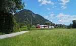 4024 032-7 als REX 5216 (Kufstein - Innsbruck Hbf) bei Schaftenau, 30.06.2020. In Wörgl Hbf wird ein zweiter Talent beigegeben, der den Kurs dann bis zum eigentlichen Zielbahnhof Brennero/Brenner führt.