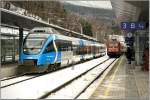 ET 4024 120  S-Bahn Steiermark  steht im Bahnhof Leoben, whrend E-Lok 101 053 mit EC 316 von Graz nach Saarbrcken einfhrt.
31.01.2009