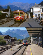 Der Bahnhof Schruns im Montafon im August 1982 und am 13.08.2026: Auf der oberen Aufnahme steht ein Zug abfahrbereit nach Bludenz.