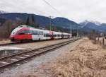 Nachschuss von 4024 123-4, unterwegs als S1 4225 (Friesach - Lienz) am 27.1.2016 in Greifenburg-Weißensee.