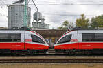 Küssen erlaubt! Die beiden TALENTe 4124 005-1 und 4124 014-3 sind am 02.10.2022 im Bahnhof Wulkaprodersdorf gekuppelt abgestellt.