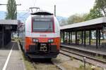 LINDAU/Bodensee (Landkreis Lindau/Bodensee), 07.05.2023, 4748 011-5 der ÖBB wartet als REX1 nach Bludenz auf die Abfahrt aus dem Bahnhof Lindau-Insel