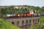 Die 185 513-9  Rostock Port  brachte am 18.August 2009 einen Gterzug Richtung Wien Zvbf. Dabei passierte sie das Viadukt zwischen den Haltestellen Neulengbach und Neulengbach Stadt um ca 9.45 Uhr.