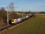 Die 1116 168 mit einem Güterzug am 01.02.2020 unterwegs bei Marchtrenk.