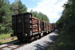 Ein mit Holzfracht beladener Rungenwaggon bildet hier das Schusslicht eines Güterzüges (gezogen von einer 2016) durch den Wald bei St. Martin bzw. Lackenbach in Richtung ungarische Grenze bei Deutschkreutz,Juli 2012