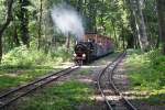 Dampflok 2 der wiener Liliputbahn am 14.August 2011 kurz nach der Hst. Rotunde in Richtung Stadion fahrend.