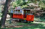 Am Beginn der Lendcanaltramway Klagenfurt fand sich Straßenbahnwagen 148 als Imbisswagen (25.08.1986)
