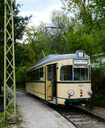 Oldie-Strassenbahn Nr 437 in der Station beim sehr interessanten Technikmuseum Historama in Ferlach, 5.9.2026