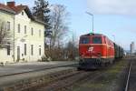 NLB 2143 070-7 am 21.Dezember 2014 mit dem SR 14293 im Bf. Laa a.d. Thaya Stadt.