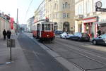 Wien: M-Wagen als Museumsfahrzeuge - WTM, ex-WVB M 4077 als Sonderzug. Ort: III, Landstraße, Rennweg. Datum: 20. März 2016. - Die Lohnerwerke stellten 1928 den M 4077 her, der Tw wurde aber erst 1929 in den Wagenstand genommen.