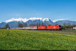 Am 24.04.2021 sind ÖBB 1116 100-9 und 1116 028-2 mit dem Transalpin unterwegs von Zürich HB nach Graz Hbf und konnten hier bei schönstem Bergpanorama bei Nendeln (LI) aufgenommen