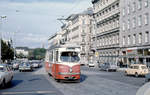 Wien: Die Wiener Straßenbahnen vor 50 Jahren: SL 52 (E 4408 (Lohnerwerke 1961)) I, Innere Stadt / VII, Neubau / VI, Mariahilf, Babenbergerstraße / Messeplatz / Mariahilfer Straße / Getreidemarkt am 28. August 1969. - Scan eines Diapositivs. Film: Kodak Ektachrome. Kamera: Canon Canonet QL28.