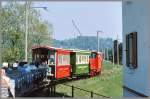 Nach der Spitzkehre in Lustenau Wiesenrain zieht Lok Elfi ihren Sonderzug weiter Richtung Rheinmndung. (Archiv 05/91)