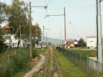 Streckensituation in Lustenau-Wiesenrain vom Auge des Betrachters her.Geradeaus die Strecke von Lustenau herkommend.Hier endet die Strecke,die Loks mssen umsetzen.Dann geht es nach links ber die