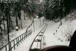Klassische Hungerburgbahn - nahe dem unteren Ende des Betonviaduktes betritt Wagen 1 den Einschnitt, in dem auch die Ausweiche liegt (lag).