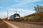 182 569 mit einem Containerzug zwischen kurz nach Neulengbach, Richtung Westen. Die Aufnahme entstand am 29.03.2010.