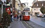 Triebwagen der Gmundener Straßenbahn: GM 10 (ex Vestische Straßenbahn) im Juli 1987 an der Endhaltestelle Franz-Josefs-Platz