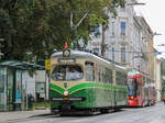 Graz. Am 06.09.2020 fand ein Öffnungstag im Tramway Museum Graz statt, eingesetzt wurde unter anderem der Museumstriebwagen 267. Dieser ist hier bei der Haltestelle Tegtthoffplatz zu sehen.