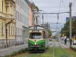 Graz. Auch ein Oldtimer muss mal auf Bremsprobe: TW 267 absolvierte am 05.08.2020 Bremsproben, hier in der Steyrergasse.