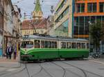 Graz. Auch ein Oldtimer muss mal auf Bremsprobe: TW 267 absolvierte am 05.08.2020 Bremsproben, hier beim Steirerhof.