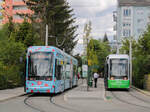 Graz. Variobahn 225 und 210 stehen hier am 03.05.2021 in der Schleife Laudongasse.