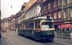 Am 18.06.1974 fährt der Tw 261 der GVB durch die Herrengasse in Richtung Jakominiplatz











