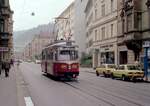 Innsbruck IVB SL 1 (Großraumtriebwagen 63 (Lohnerwerke/ELIN 1960, 1992 verschrottet)) Andreas-Hofer-Straße am 14. Juli 1978. - Scan eines Farbnegativs. Film: Kodak Kodacolor II. Kamera: Minolta SRT-101.