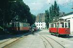 Straßenbahn Innsbruck___3 Tw-Generationen in Bergisel : Tw von 1909 der Vorort-Linien 4 und 6 nach Hall bzw.