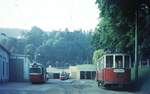 Straßenbahn Innsbruck___Tw 31 [1900, SIG/Siemens] ex Basel,1950 nach Innsbruck, 1966-78 Verschub-Tw mit mehreren  kurzen Lohner  4x-Tw von 1960 im gemischten Depot-und Haltestellenbereich in