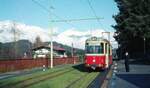 Straßenbahn Innsbruck__Nov.1988__Tw 41 [GT6; ex Bielefeld, Bj.1963 DUEWAG/Kiepe; seit 1982 in Innsbruck > 2008 nach Arad,Rumänien] an der Endstation Linie 6 (Mittelgebirgsbahn) in Igls.