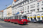 E1 4776 mit c4 1317 auf der Linie 25 in der Brünner Straße. Wegen eines Fahrleitungsgebrechens wurde die Linie 25 temporär von Floridsdorf S U nach Stammersdorf verlängert. 07.06.2017