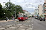 Wien Wiener Linien SL 31 (E2 4058 + c5 1458) XX, Brigittenau, Jägerstraße / Brigittaplatz am 29. Juni 2017. - Zwischen dem 6. Juni und dem 3. September d.J. fährt die SL 31 wegen Gleisbauarbeiten in der Klosterneuburger Straße wieder durch die Jägerstraße. 