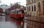 Wien Wiener Linien SL 1 (E2 4034 + c5 147x) I, Innere Stadt, Akademiestraße im Februar 2016. - Scan eines Diapositivs. Film: Fuji RXP. Kamera: Konica FS-1.