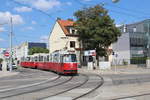 Wien Wiener Linien SL 6 (E2 4310 + c5 1510 (Bombardier-Rotax 1986 bzw. 1989)) XI, Simmering, Kaiserebersdorf, Pantucekgasse / Simmeringer Hauptstraße am 31. Juli 2018.