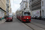 Wien Wiener Linien SL 5 (E1 4540 + c5 1360) XX, Brigittenau, Rauscherstraße / Bäuerlegasse am 14. Feber / Februar 2019. - Hersteller der Straßenbahnfahrzeuge: Bombardier-Rotax (vorm. Lohnerwerke). Baujahre: 1975 (E1 4540) und 1976 (c4 1360).