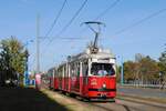 E1 4808 + c4 1359 haben auf der Fahrt nach Floridsdorf gerade den Marchfeldkanal überquert und nähern sich der Haltestelle Anton Schall Gasse. (25.10.2021)