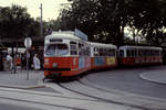 Wien Wiener Stadtwerke-Verkehrsbetriebe (WVB) SL 58 (E1 4700 (SGP 1968) + c 1605 (Umbau Bombardier-Rotax 1976, ex c1 1548, ex c1 1248 (SGP 1957)) I, Innere Stadt, Dr.-Karl-Renner-Ring / Schmerlingplatz / Bellaria im Juli 1992. - Scan eines Diapositivs. Film: Agfa Agfachrome 200RS. Kamera: Leica CL.