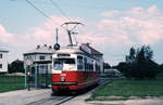 Wien Wiener Stadtwerke-Verkehrsbetriebe (WVB) SL 25 (E1 4699 (SGP 1968)) XXII, Donaustadt,  Kagran, Wagramer Straße / Eipeldauerstraße / Kagraner Friedhof (Endstation) am 13. Juni 1971. - Scan eines Diapositivs. Kamera: Minolta SRT-101.