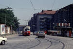 Wien Wiener Stadtwerke-Verkehrsbetriebe (WVB) SL 18 (E1 4830 (SGP 1974)) III, Landstraße, Landstraßer Hauptstraße / Wildgansplatz im Juli 1975. - Scan eines Diapositivs. Kamera: Minolta SRT-101.
